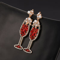 Red Imitation Pearl & Cubic Zirconia Wine Glass Drop Earrings