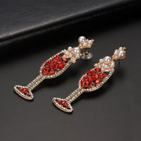 Red Imitation Pearl & Cubic Zirconia Wine Glass Drop Earrings