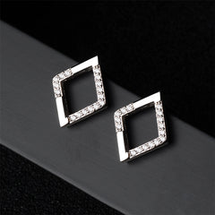 Cubic Zirconia & Silver-Plated Openwork Rhombus Stud Earrings