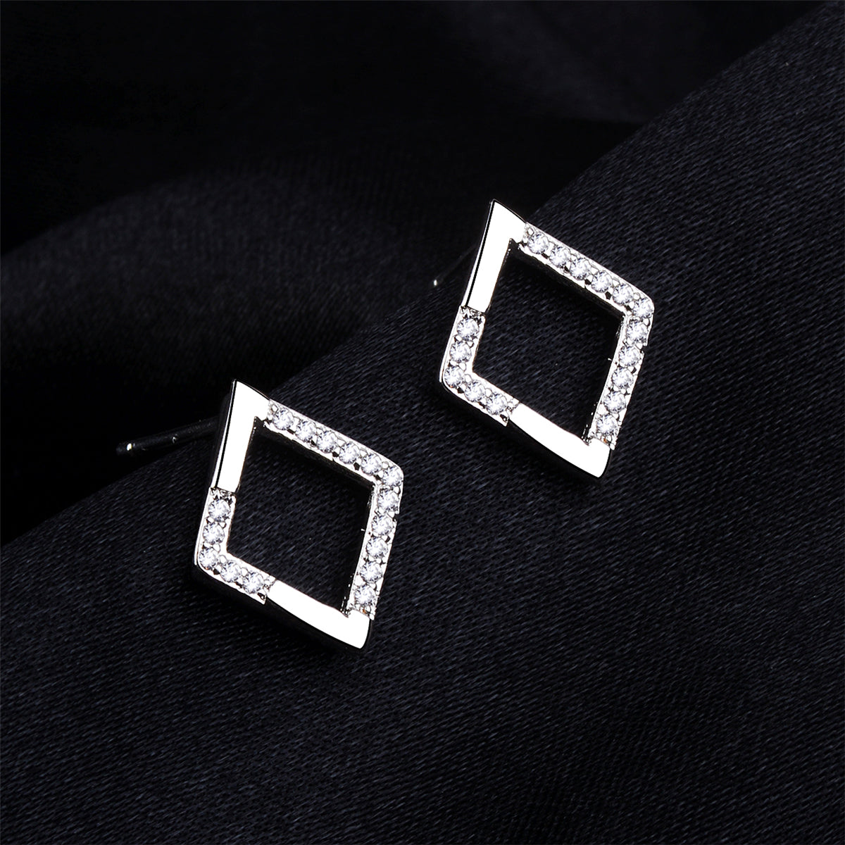 Cubic Zirconia & Silver-Plated Openwork Rhombus Stud Earrings