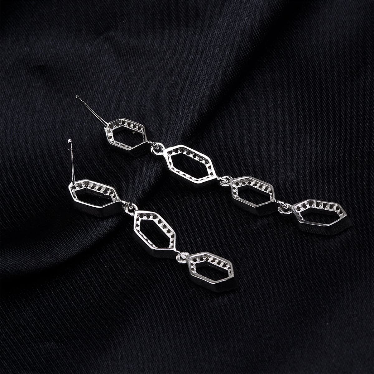 Cubic Zirconia & Silver-Plated Linking Hexagon Drop Earrings