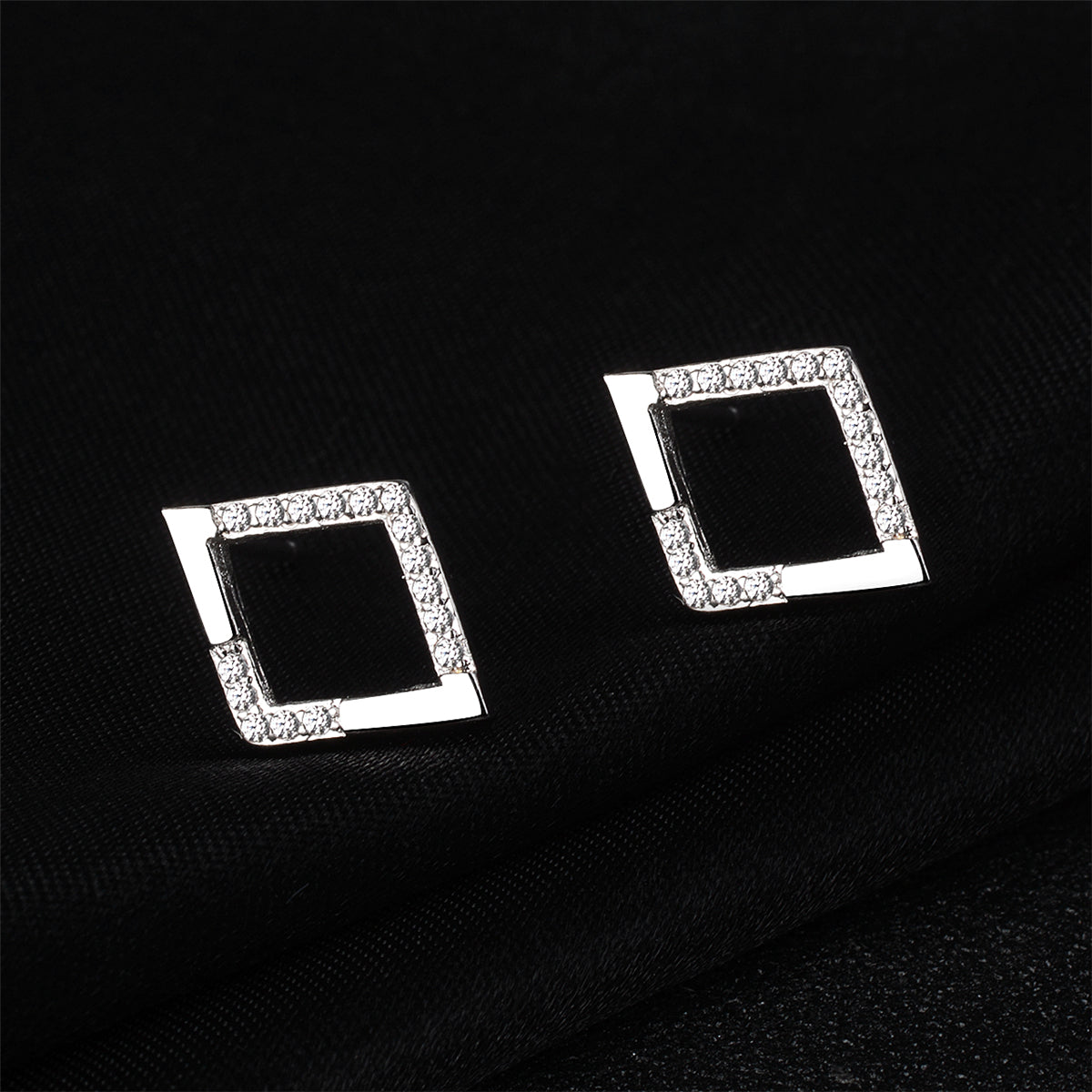 Cubic Zirconia & Silver-Plated Openwork Rhombus Stud Earrings