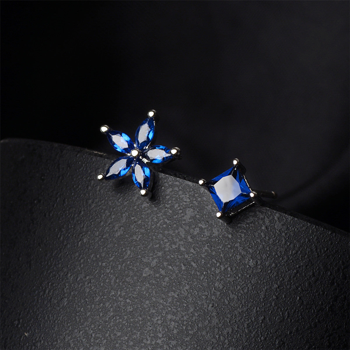 Blue Crystal and Silver-Plated Flower and Cube Stud Earrings, silver stud earrings for women, front view