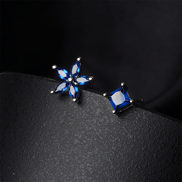 Blue Crystal & Silver-Plated Flower & Cube Stud Earrings