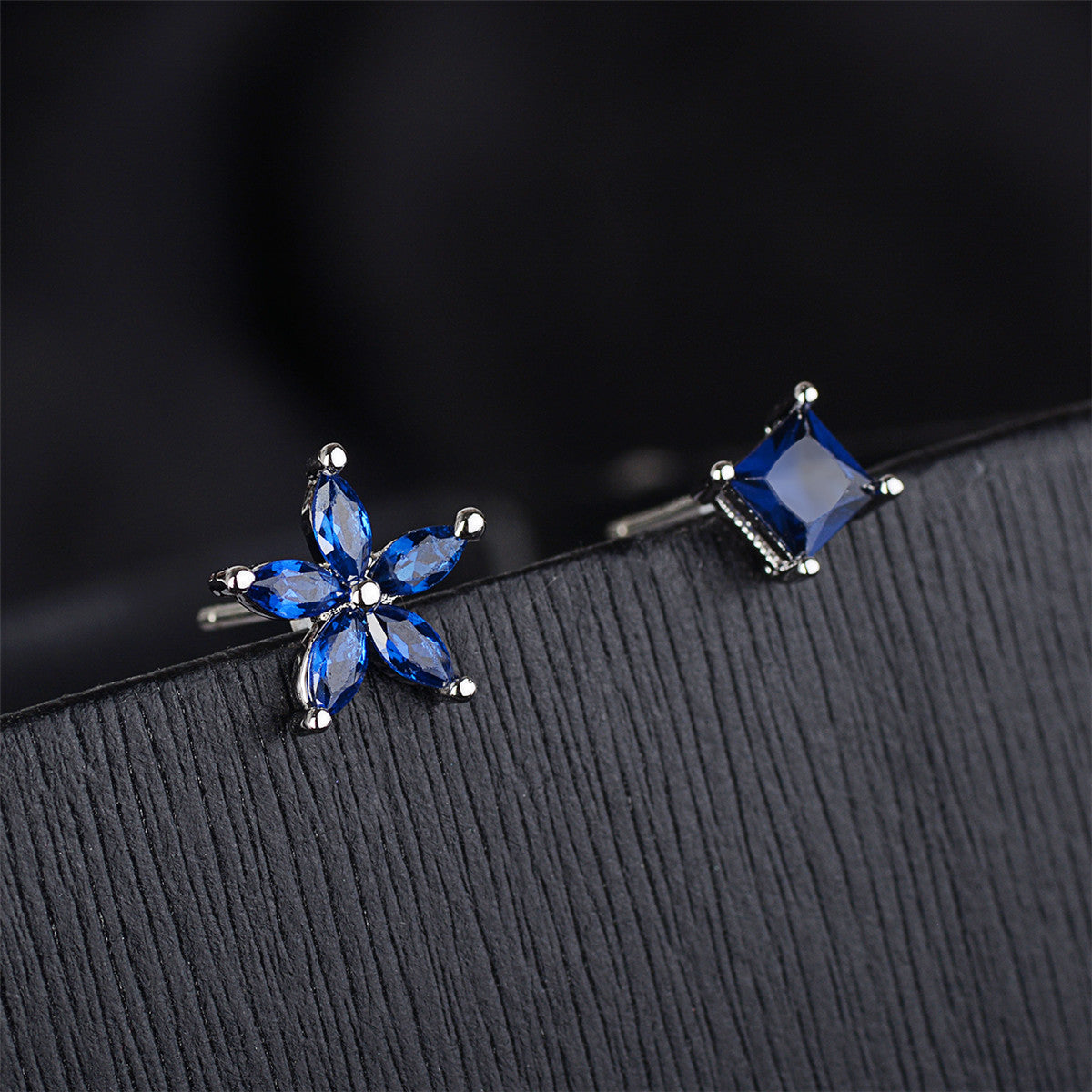 Blue Crystal and Silver-Plated Flower and Cube Stud Earrings, silver stud earrings for women, side view