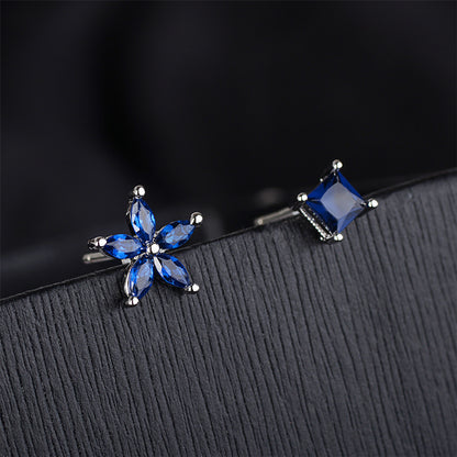 Blue Crystal and Silver-Plated Flower and Cube Stud Earrings, silver stud earrings for women, side view