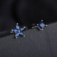 Blue Crystal & Silver-Plated Flower & Cube Stud Earrings