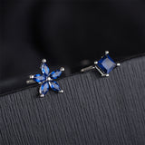 Blue Crystal & Silver-Plated Flower & Cube Stud Earrings