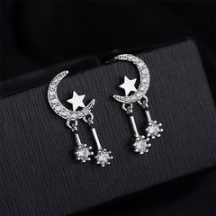 Cubic Zirconia & Silver-Plated Moon & Star Drop Earrings
