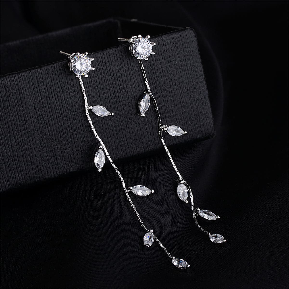 Cubic Zirconia & Silver-Plated Leaf Chain Drop Earrings