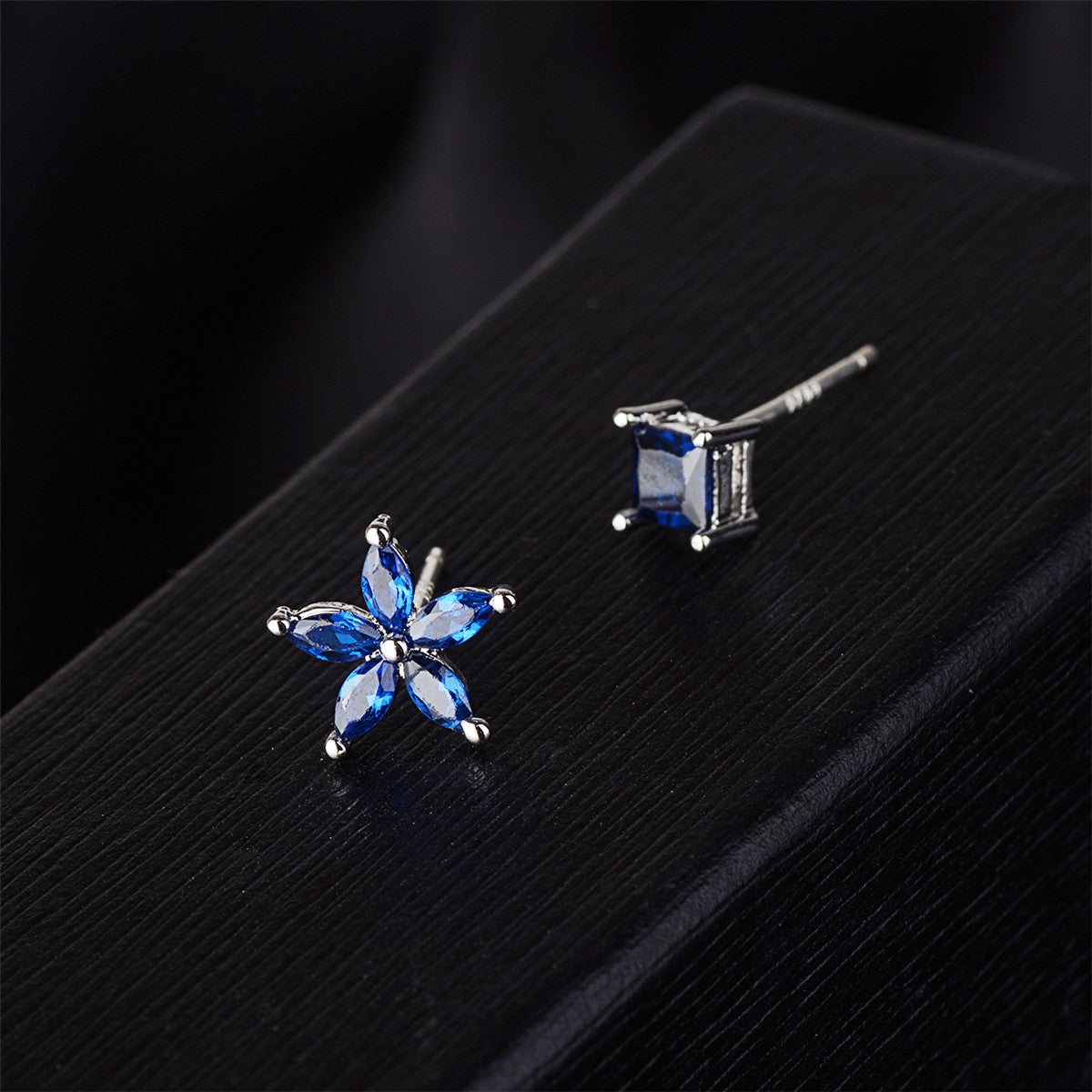 Blue Crystal and Silver-Plated Flower and Cube Stud Earrings, silver stud earrings for women, detail close-up