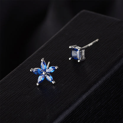 Blue Crystal and Silver-Plated Flower and Cube Stud Earrings, silver stud earrings for women, detail close-up