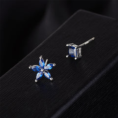 Blue Crystal & Silver-Plated Flower & Cube Stud Earrings
