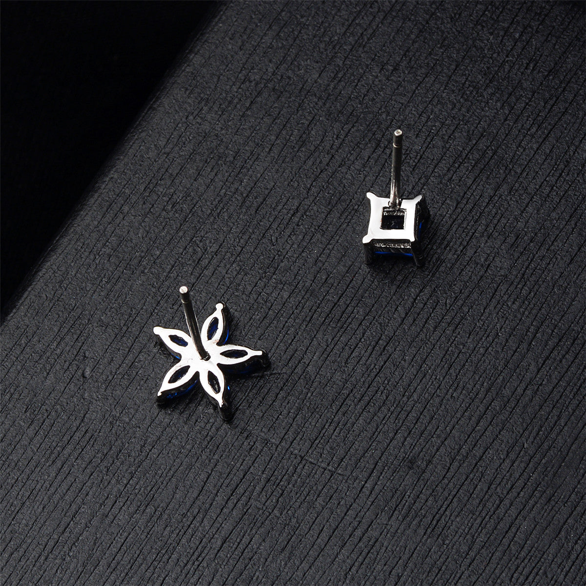 Blue Crystal and Silver-Plated Flower and Cube Stud Earrings, silver stud earrings for women, lifestyle look