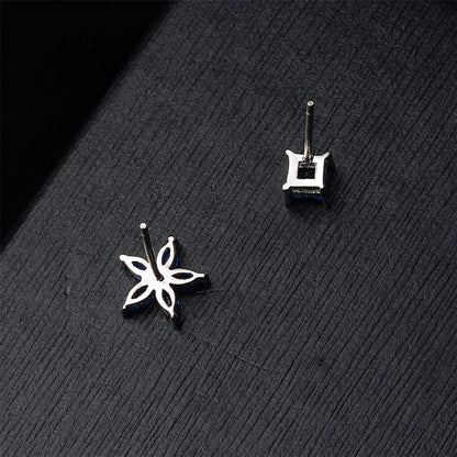 Blue Crystal and Silver-Plated Flower and Cube Stud Earrings, silver stud earrings for women, lifestyle look