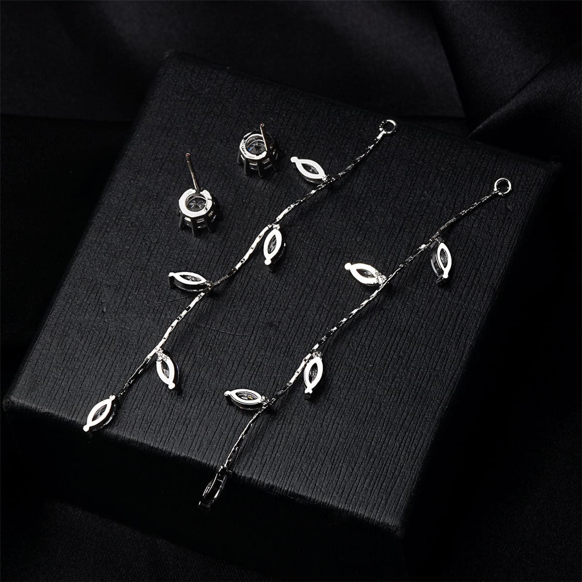 Cubic Zirconia & Silver-Plated Leaf Chain Drop Earrings