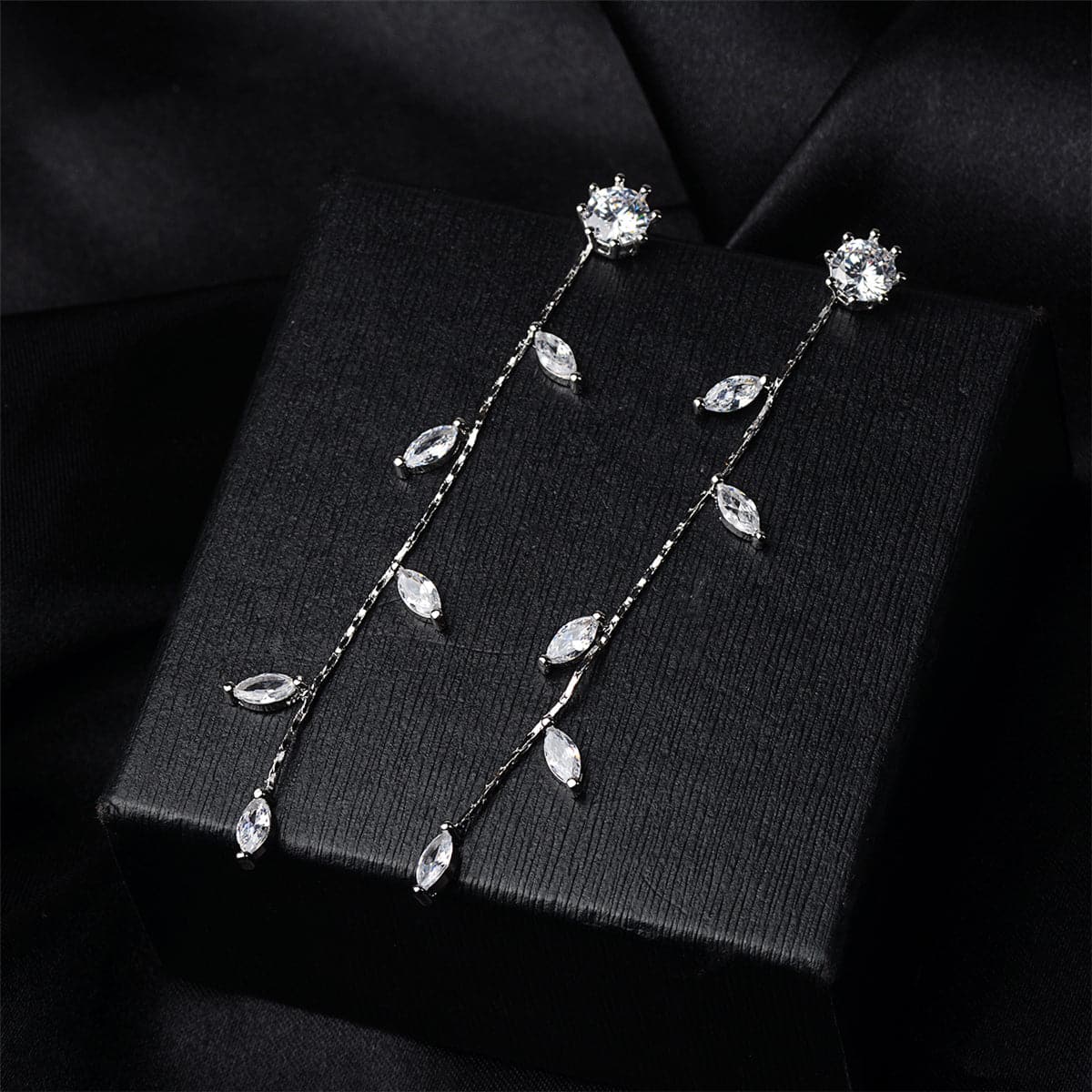 Cubic Zirconia & Silver-Plated Leaf Chain Drop Earrings