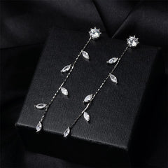 Cubic Zirconia & Silver-Plated Leaf Chain Drop Earrings