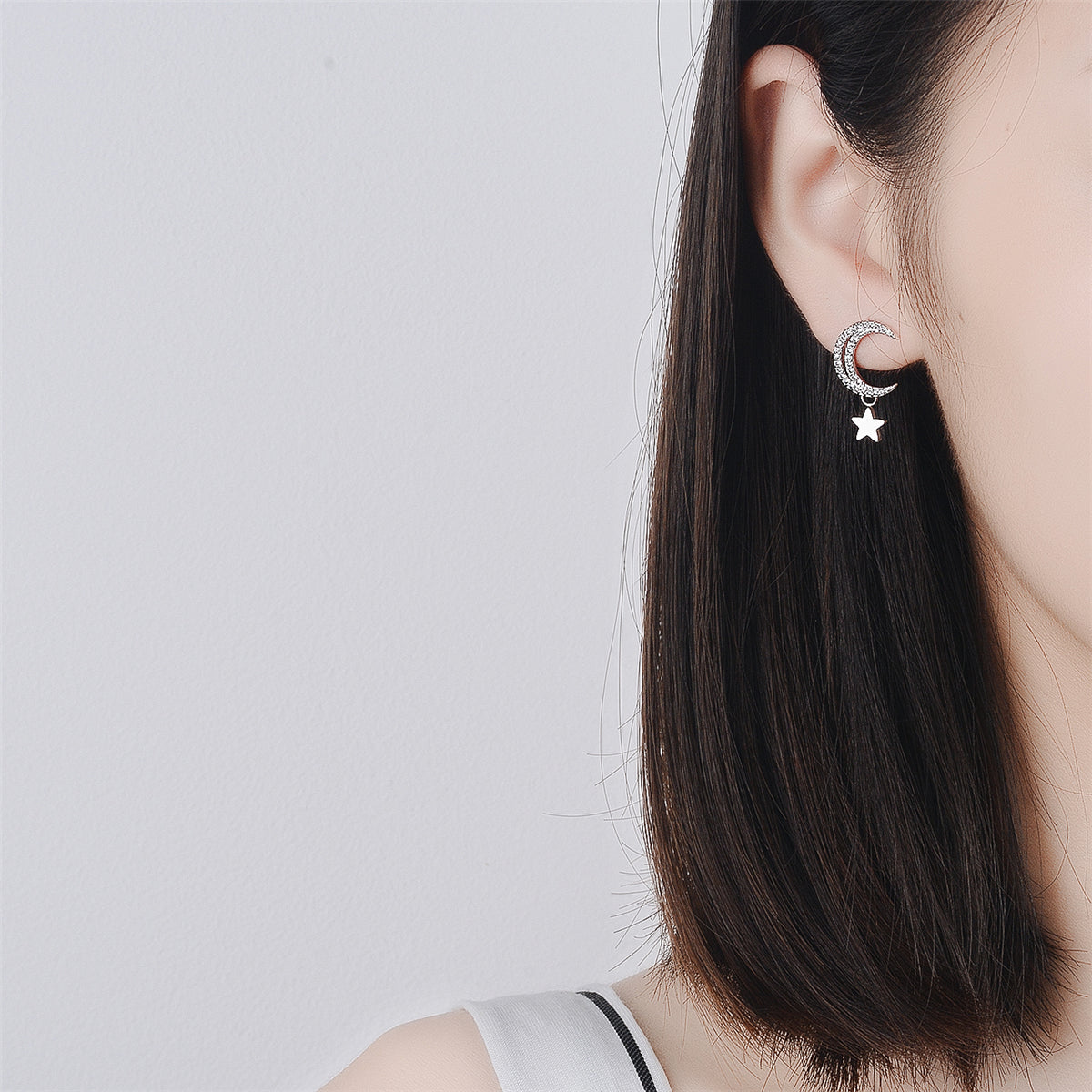 Cubic Zirconia and Silver-Plated Moon and Star Drop Earrings, silver drop earrings for women, styled look