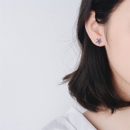 Blue Crystal and Silver-Plated Flower and Cube Stud Earrings, silver stud earrings for women, styled look