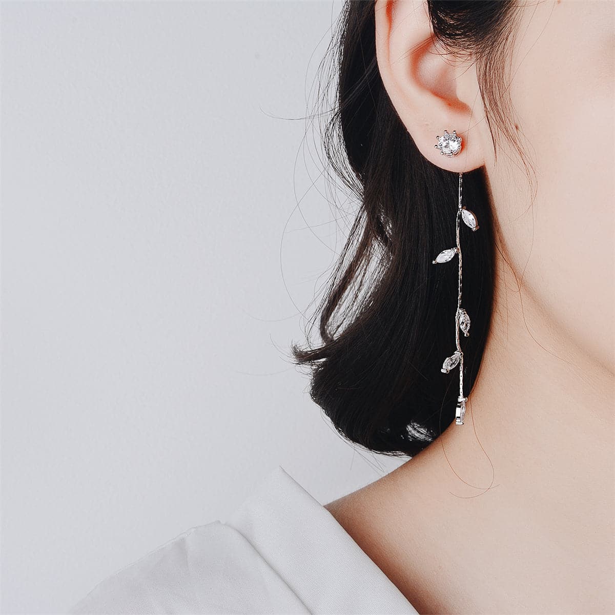 Cubic Zirconia & Silver-Plated Leaf Chain Drop Earrings
