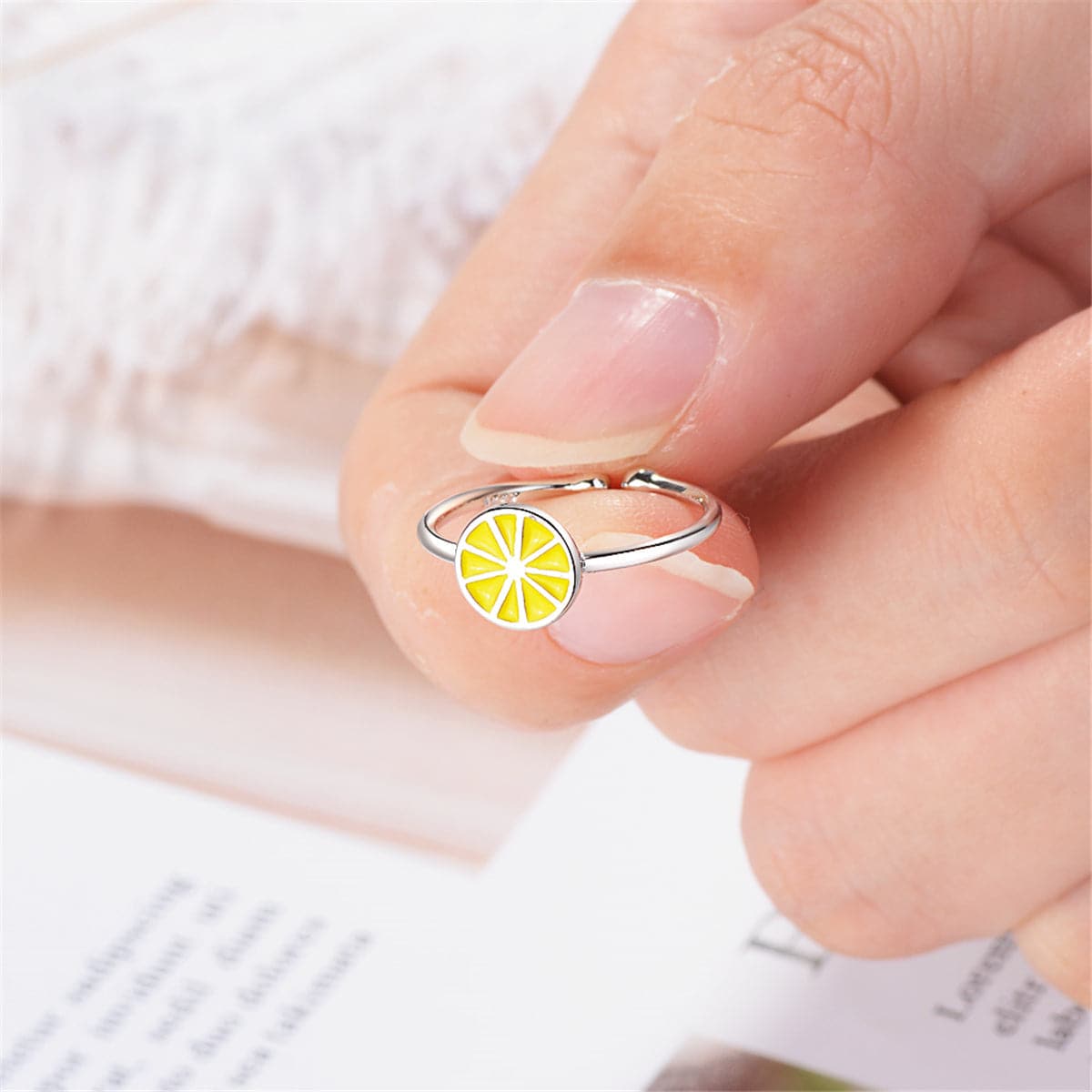 Yellow Enamel & Silver-Plated Lemon Open Ring