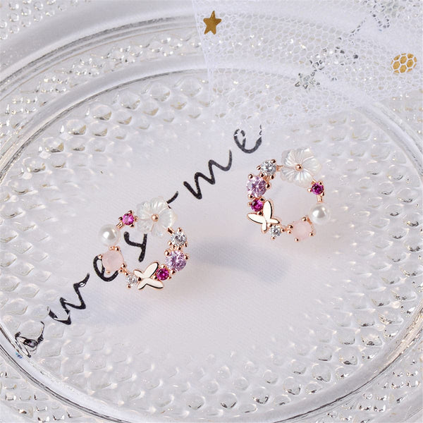 Opal & Cubic Zirconia Butterfly & Floral Stud Earrings - streetregion