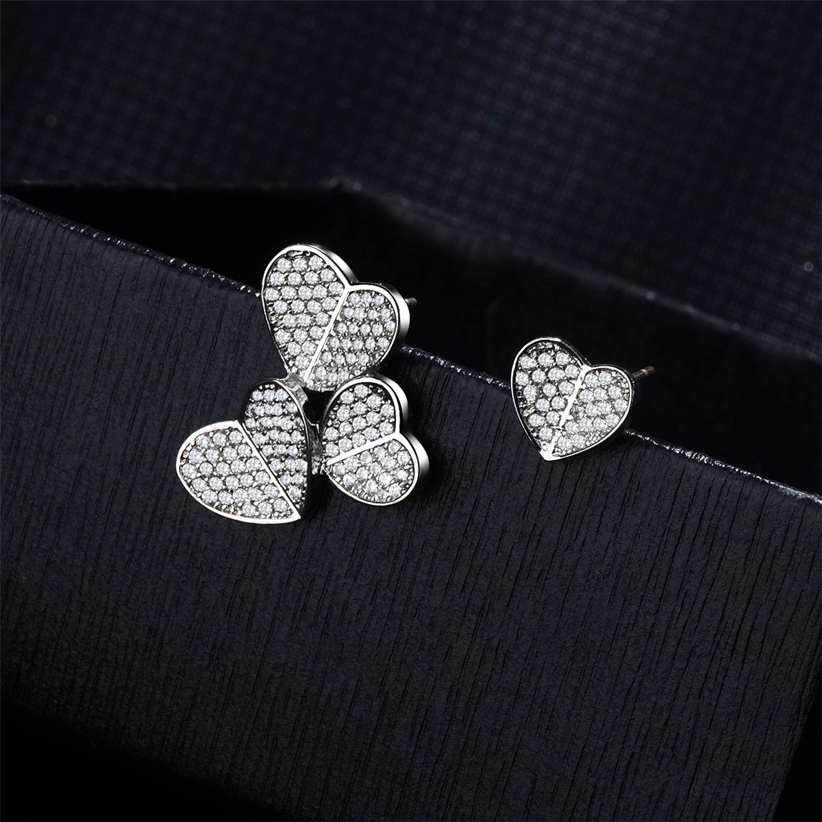 Cubic Zirconia and Silver-Plated Heart Cluster Stud Earrings, silver stud earrings for women, everyday style, detail close-up