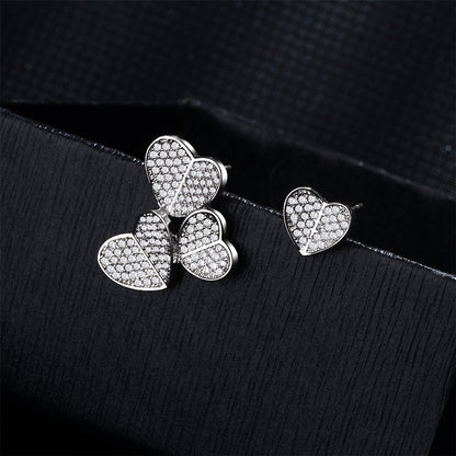 Cubic Zirconia and Silver-Plated Heart Cluster Stud Earrings, silver stud earrings for women, everyday style, detail close-up