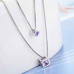 Purple Cubic Zirconia & Silver-Plated Double Layer Cube Pendant Necklace