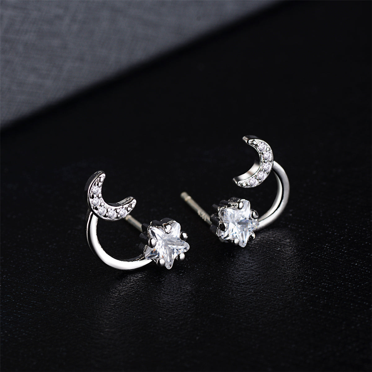 Cubic Zirconia and Crystal Silver-Plated Star and Moon Stud Earrings, silver stud earrings for women, front view