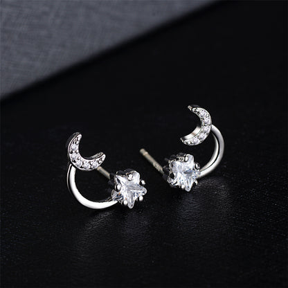 Cubic Zirconia and Crystal Silver-Plated Star and Moon Stud Earrings, silver stud earrings for women, front view
