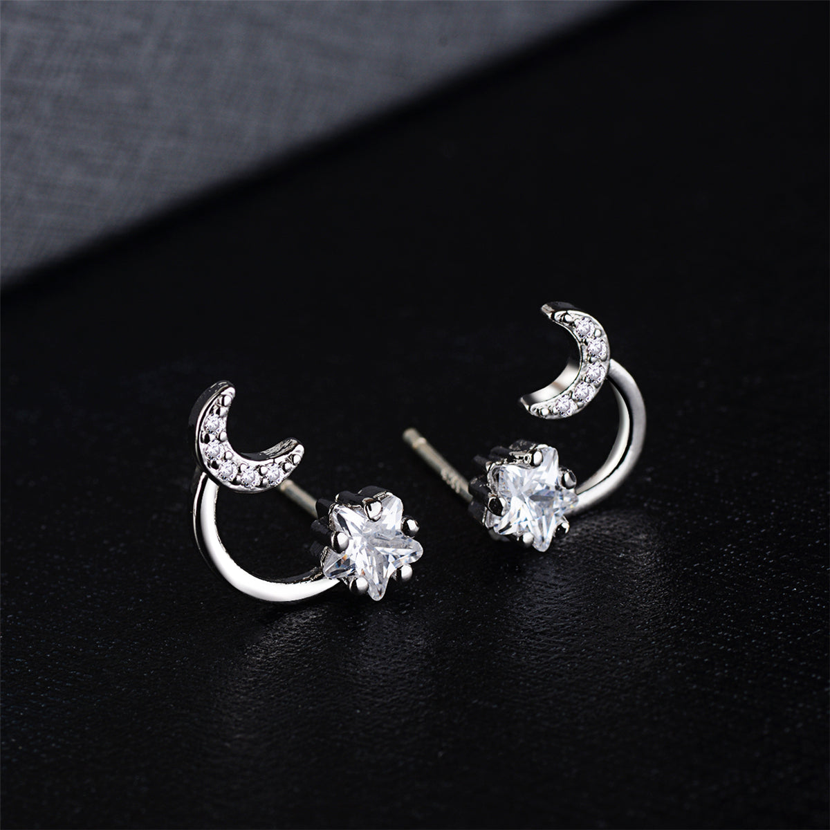 Cubic Zirconia & Crystal Silver-Plated Star & Moon Stud Earrings