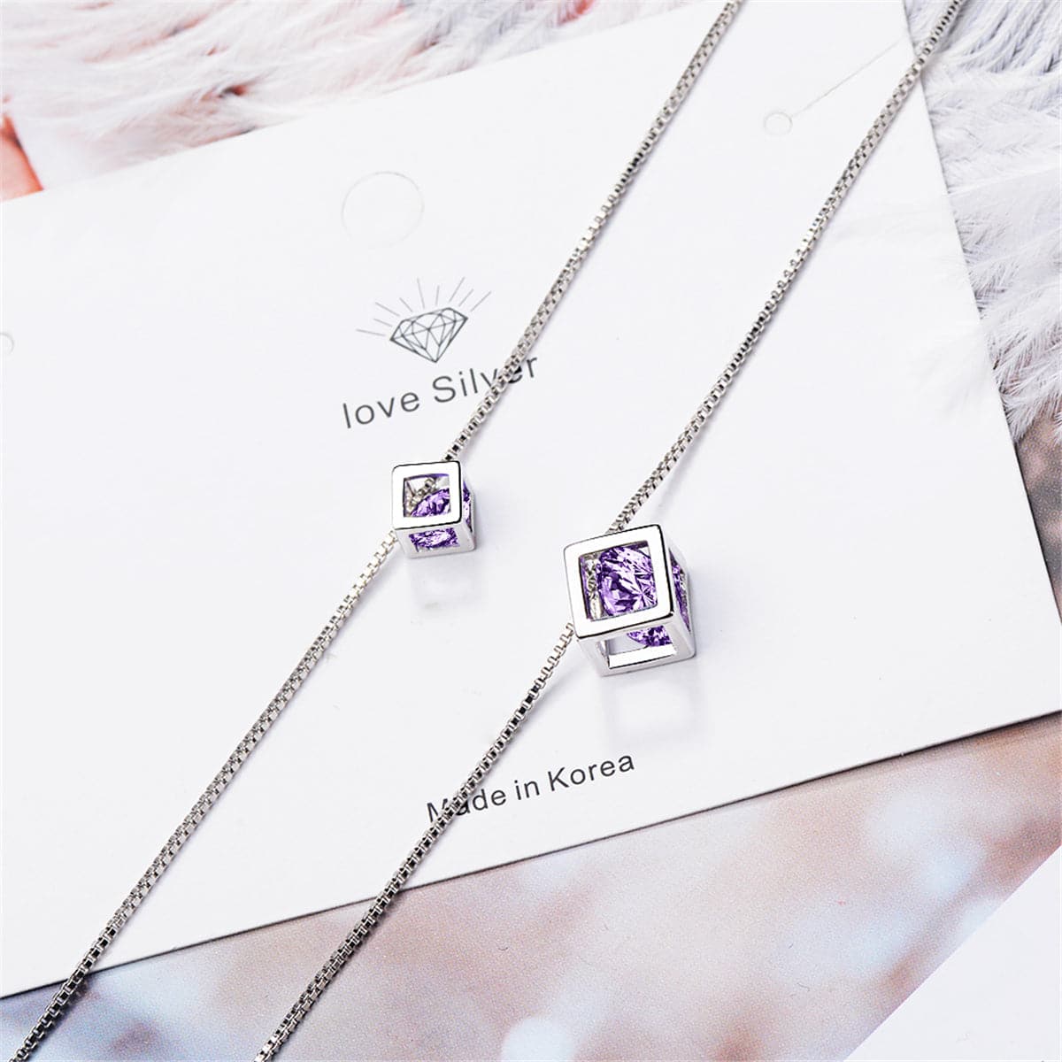 Purple Cubic Zirconia & Silver-Plated Double Layer Cube Pendant Necklace