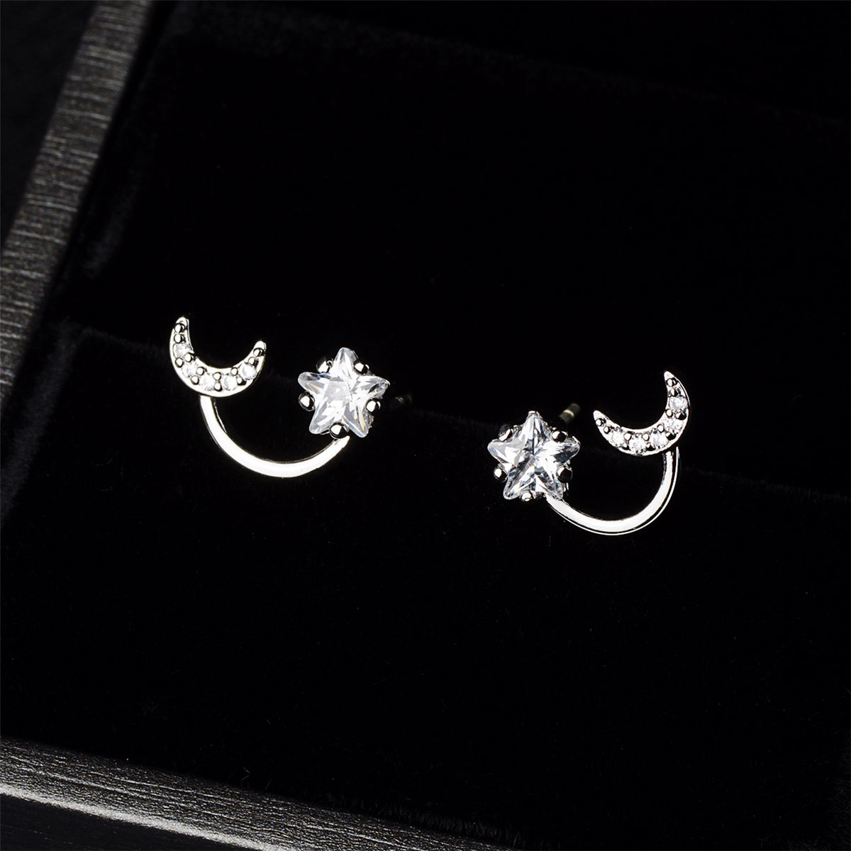 Cubic Zirconia and Crystal Silver-Plated Star and Moon Stud Earrings, silver stud earrings for women, side view
