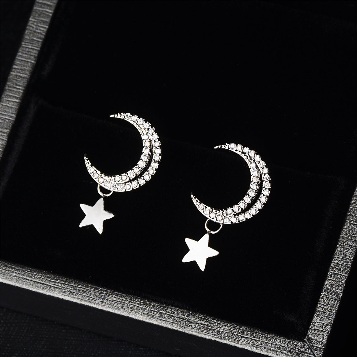Cubic Zirconia and Silver-Plated Moon and Star Drop Earrings, silver drop earrings for women, side view