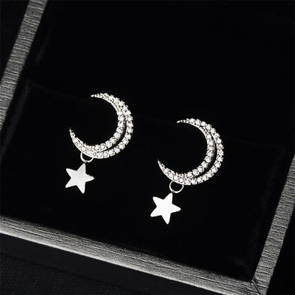 Cubic Zirconia and Silver-Plated Moon and Star Drop Earrings, silver drop earrings for women, side view