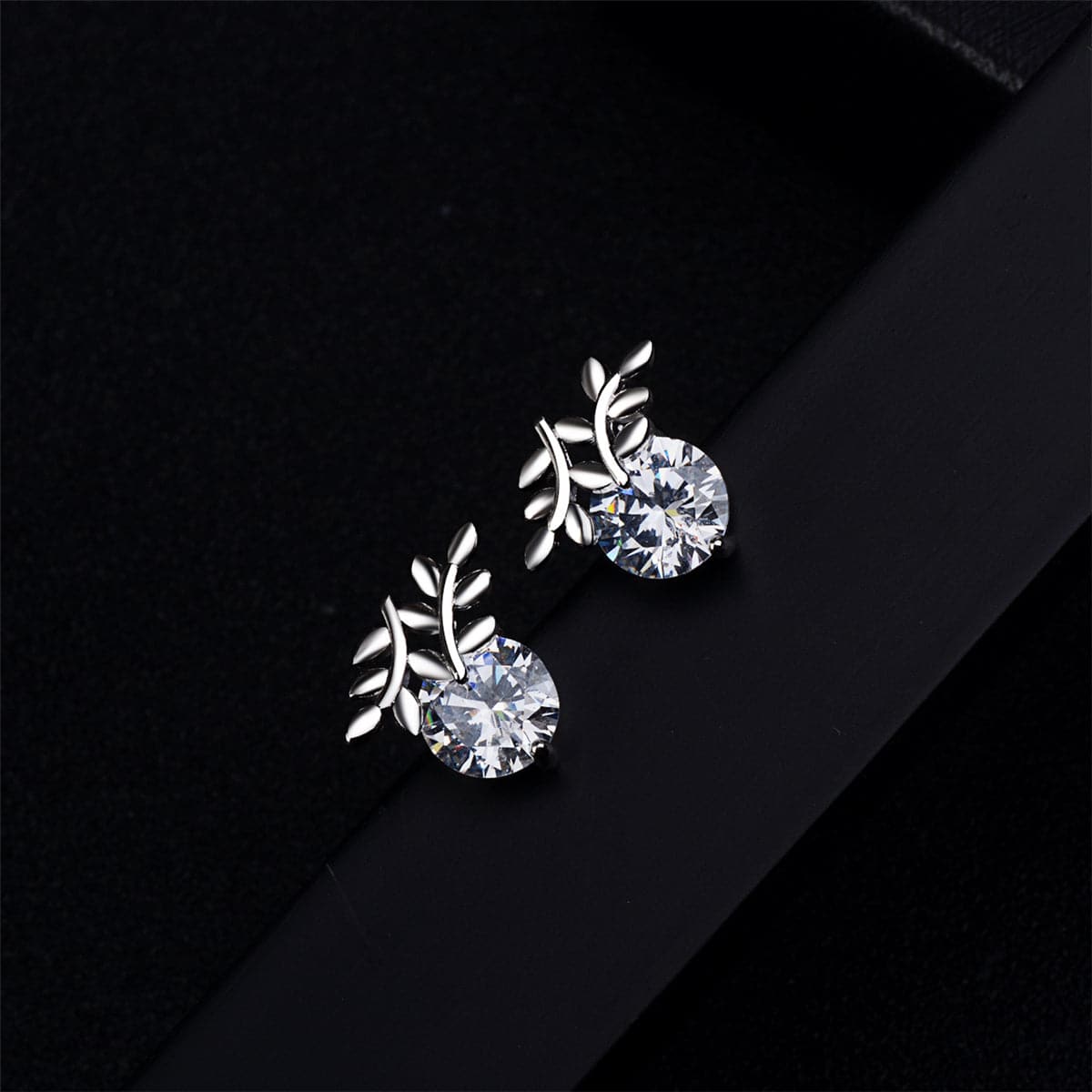 Cubic Zirconia & Silver-Plated Leaf Stud Earrings