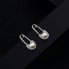 cubic zirconia & pearl Safety Pin Stud Earrings - streetregion