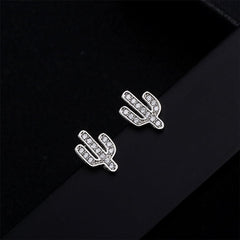 Cubic Zirconia & Silver-Plated Cactus Stud Earrings