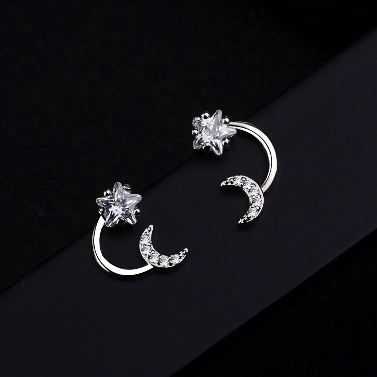 Cubic Zirconia and Crystal Silver-Plated Star and Moon Stud Earrings, silver stud earrings for women, detail close-up