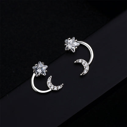 Cubic Zirconia and Crystal Silver-Plated Star and Moon Stud Earrings, silver stud earrings for women, detail close-up