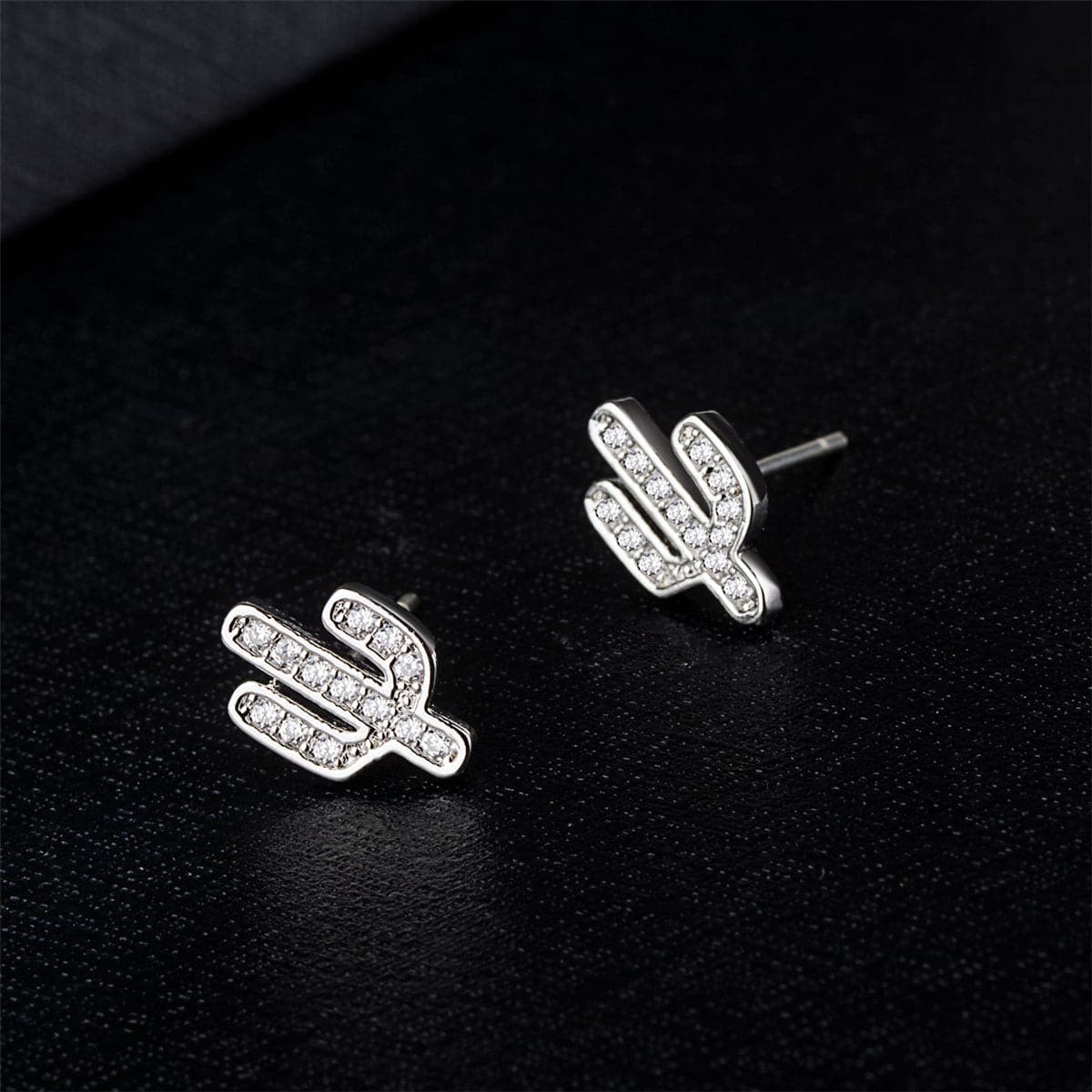 Cubic Zirconia & Silver-Plated Cactus Stud Earrings