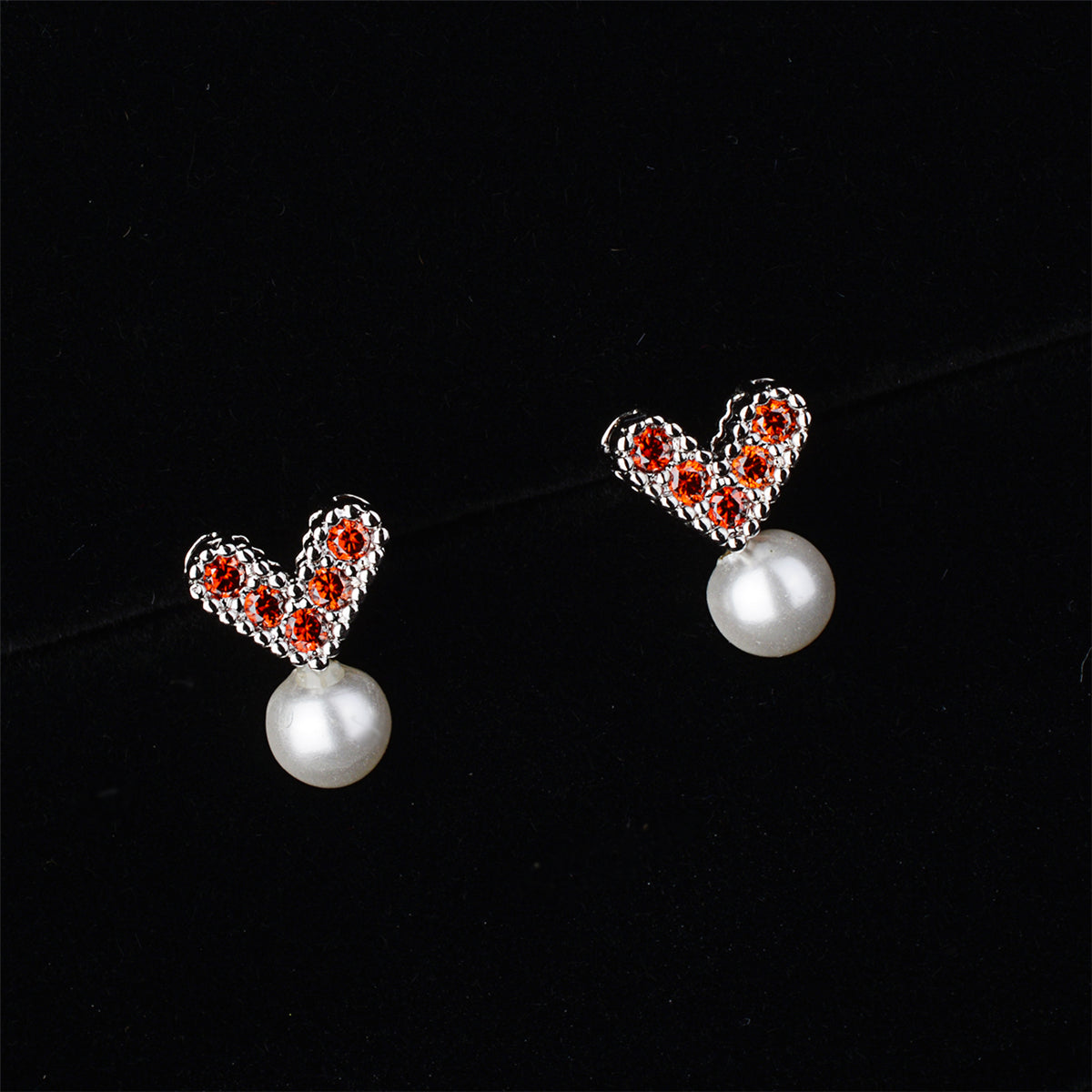 Pearl and Red Cubic Zirconia Heart Stud Earrings, stud earrings for women, everyday style, detail close-up