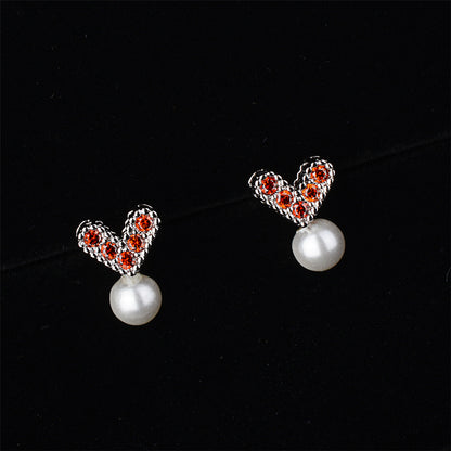 Pearl and Red Cubic Zirconia Heart Stud Earrings, stud earrings for women, everyday style, detail close-up