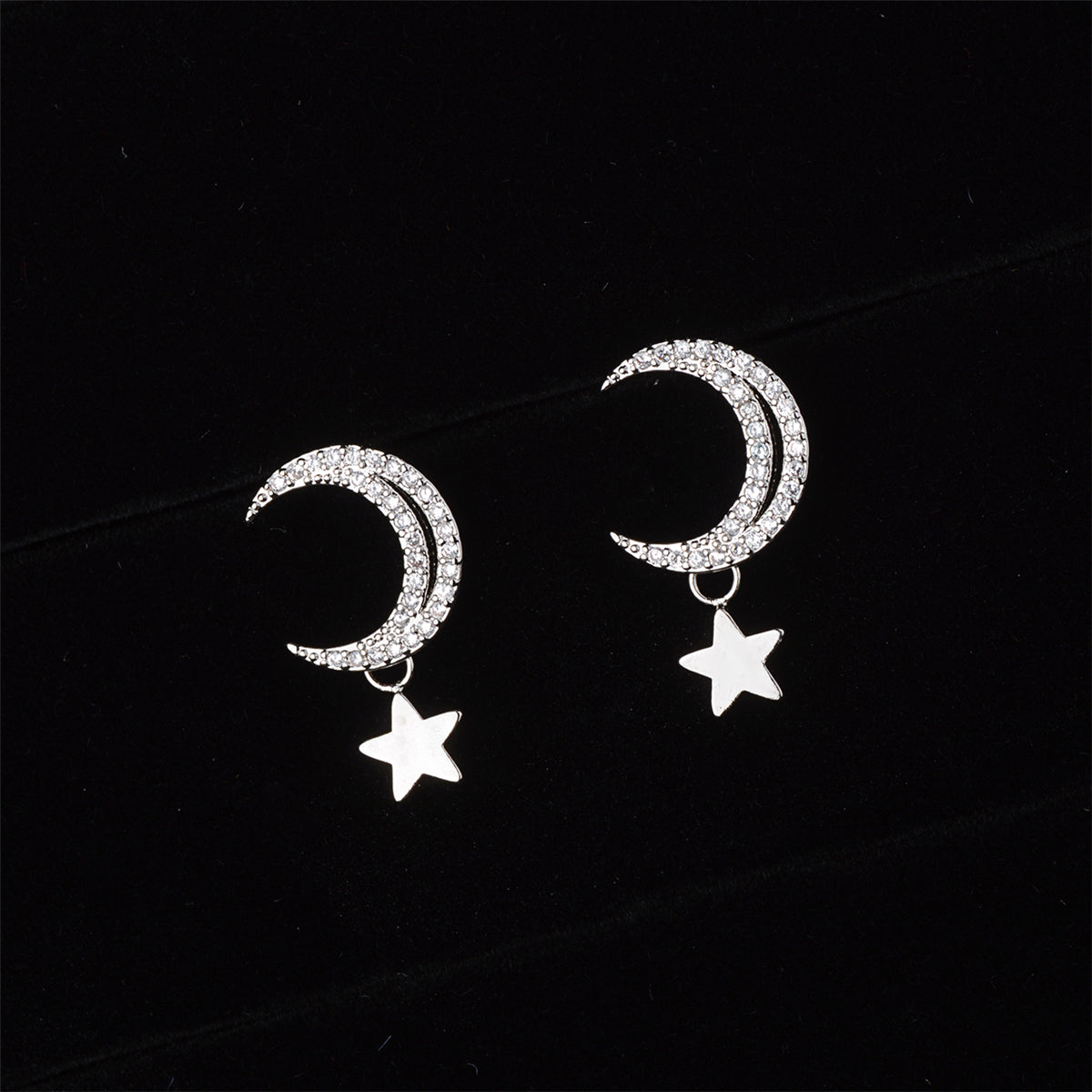Cubic Zirconia and Silver-Plated Moon and Star Drop Earrings, silver drop earrings for women, front view