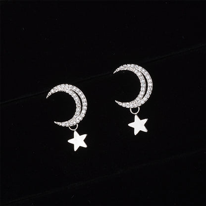 Cubic Zirconia and Silver-Plated Moon and Star Drop Earrings, silver drop earrings for women, front view