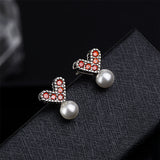 Pearl & Red Cubic Zirconia Heart Stud Earrings