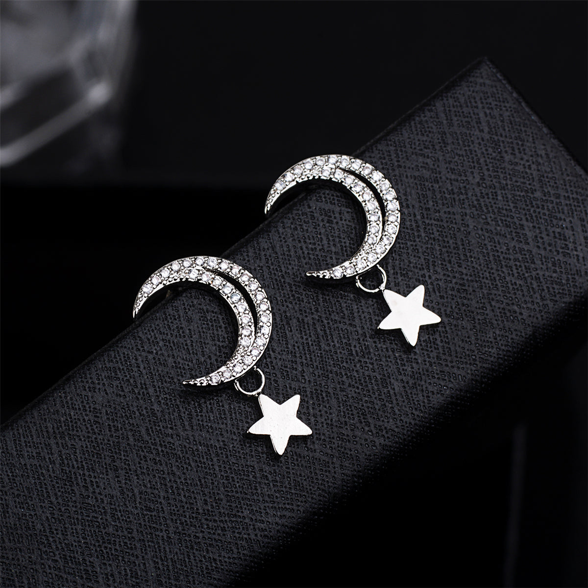 Cubic Zirconia and Silver-Plated Moon and Star Drop Earrings, silver drop earrings for women, detail close-up