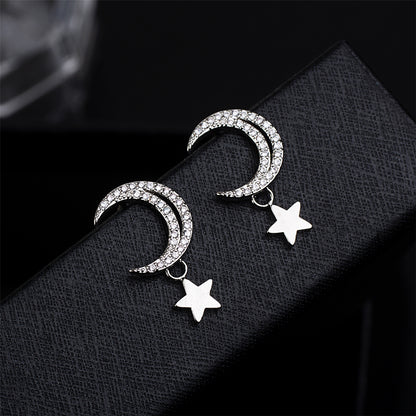 Cubic Zirconia and Silver-Plated Moon and Star Drop Earrings, silver drop earrings for women, detail close-up